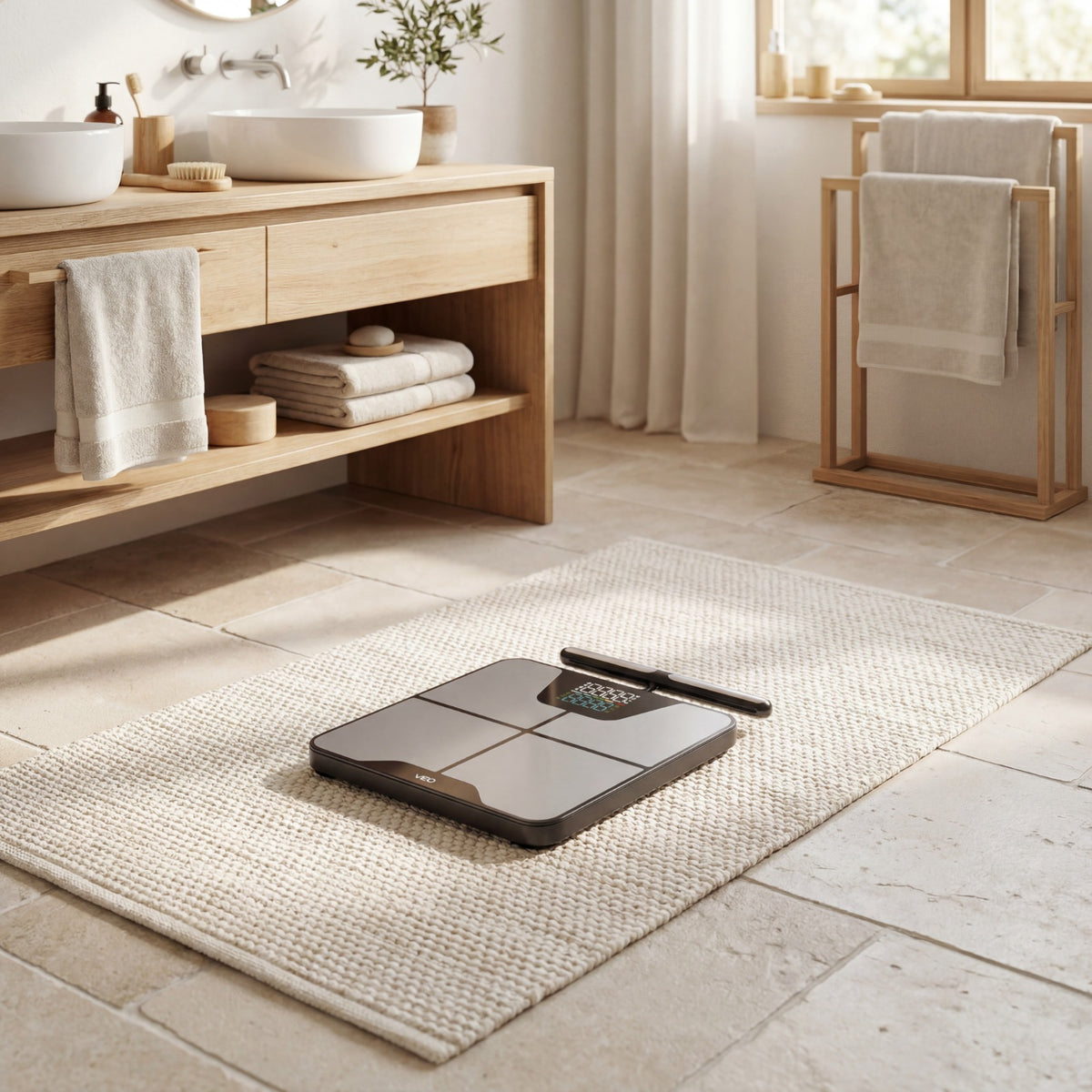 VEO Fit scale in a bright bathroom